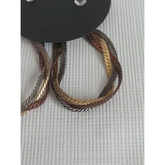 Gold Silver and Bronze Toned Interlocked Metal Herringbone Chain Drop Earrings - Picture 3 of 9